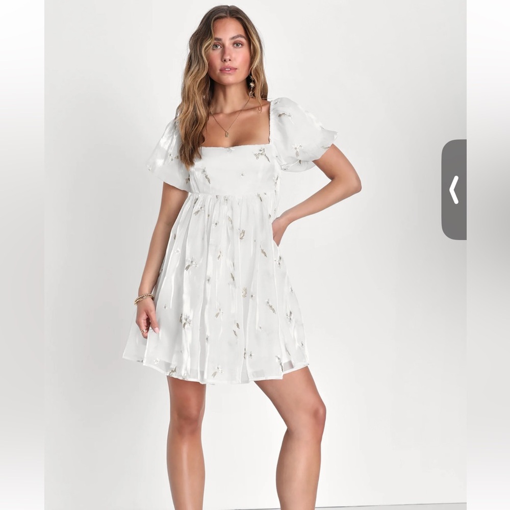 NWT Lulus White Embroidered Floral Mini Babydoll Dress